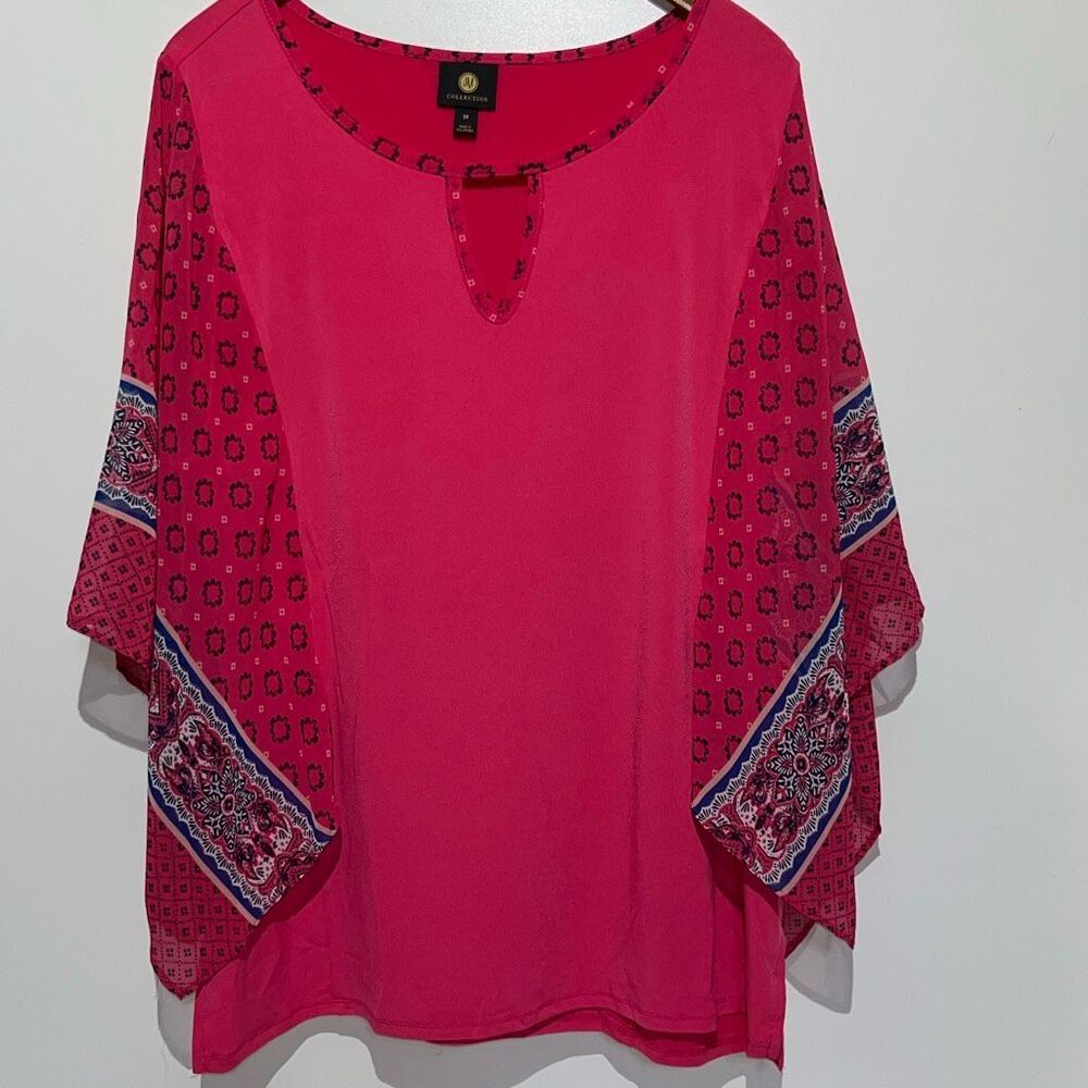 JM Collection Women's Berry Sorbet Combo Kimono Overlay Sleeves Top Blouse 2X